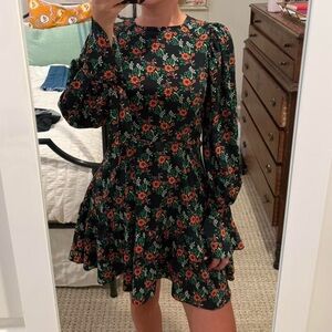 Topshop Black and Red Floral Long Sleeve Dress